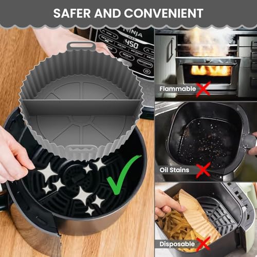 Image of Air Fryer Liners I Round Silicone Basket Baking Tray I Pot with Ear Handles I Nonstick Reusable Heat Resistant I Cooking Oven Insert Accessories - Multicolor (8 inch, Pack of 2)