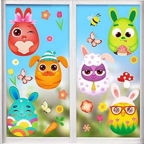LOAVER 50PCS Easter Window Cling Sticker,Large Sized Egg Bunny Chick Window Decal for Home Party Decoration Supply Cover
