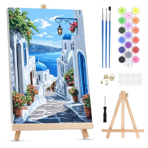 QENSPE Santorini Malen nach Zahlen für Erwachsene auf gerahmter Leinwand - mit Holzstaffelei, Landschaft Painting by Number Set für Anfänger, DIY-Acryl-Ölgemälde zur Wanddekoration (20x30 cm)
