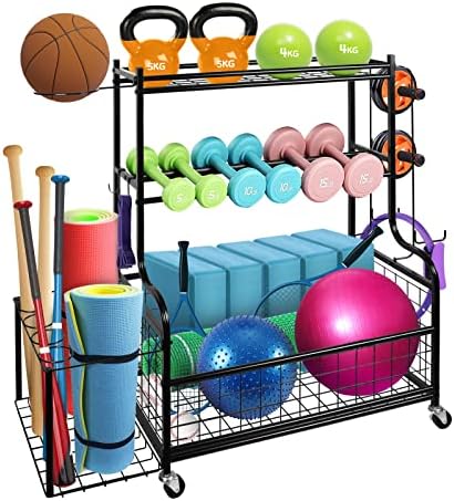 Dumbbell Rack Weight Rack for Dumbbells Home Gym Storage Rack for Dumbbells Kettlebells Yoga Mat and Balls All in One Workout Storage Rack Strength Training Equipment Storage Organizer with Wheels and Hooks