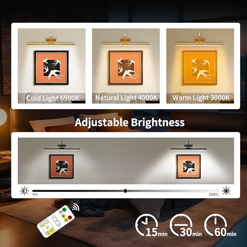 Image of 23 inch Wireless Picture Lights, Rechargeable Battery Art Display Light with Remote Control, Dimmable /Timer Off Dartboard Light, 3 Lighting Modes Full Metal Painting Display Lights(Gold)