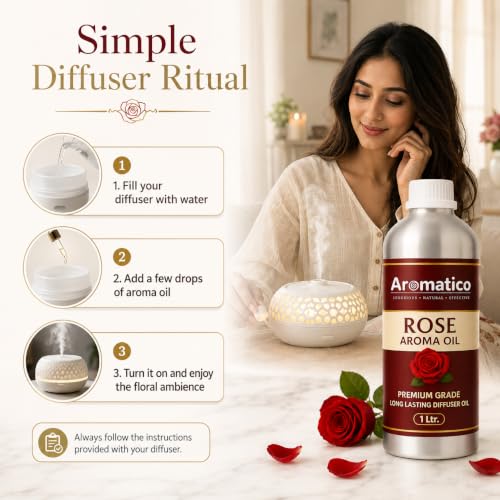 Image of AROMATICO Rose Diffuser Oil with Strong, Long-Lasting Aroma. Classic Floral Aroma Oil for Homes, Offices & Showrooms. Aromatherapy, Diffusers, Air Purifiers, Vaporizers - 1 L(1000 ml)