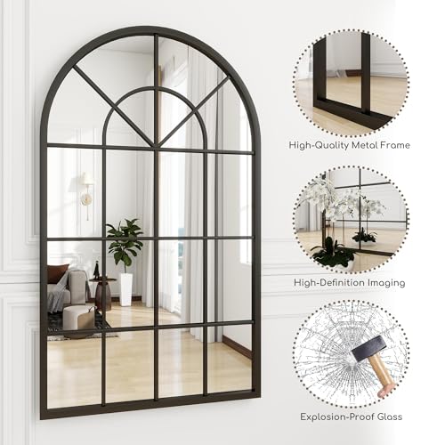 Image of Dewfig Arched Wall Mirror, 42 inchx30 inch Metal Frame Windowpane Mirror, Black