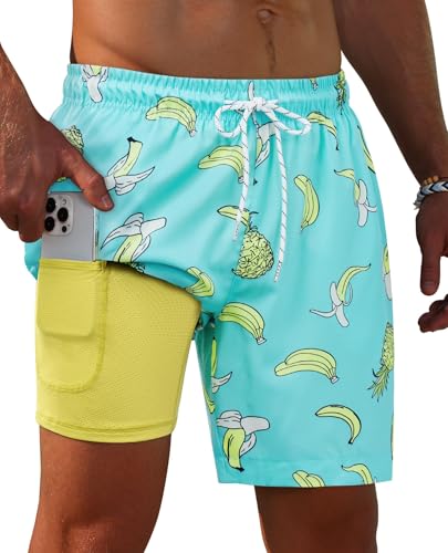 Image of Gleeease 7inch Mens Swim Trunks 2 in 1 with Compression Liner Pockets Drawstring Quick Dry Stretch Lined Funny Beach Pool