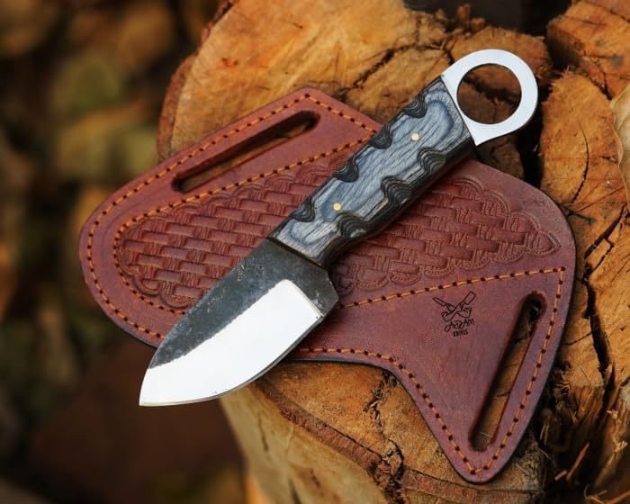 Fixed Blade Carbon Steel Outdoor Knife with Pancake Leather Sheath, 7'' Full Tang Skining Knife,Non-Slip Wooden Handle (Black & Gray)