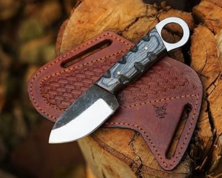 Fixed Blade Carbon Steel Outdoor Knife with Pancake Leather Sheath, 7'' Full Tang Skining Knife,Non-Slip Wooden Handle,Camping Knife (Black & Gray) - ADAM KNIVES