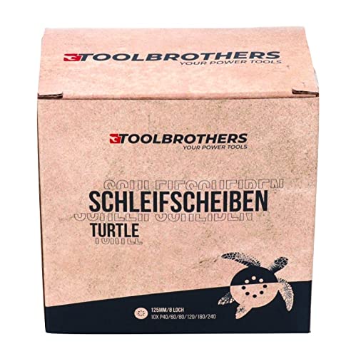 Toolbrothers TURTLE Zestaw szlifierski premium 125 mm lub 150 mm, na rzep 8 otworów P40 / P60 / P80 / P120 / P180 / 240 do twardego drewna, miękkiego drewna, lakieru, kamienia, stali, aluminium, forniru (4 x zestaw tarcz szlifierskich 125 mm)