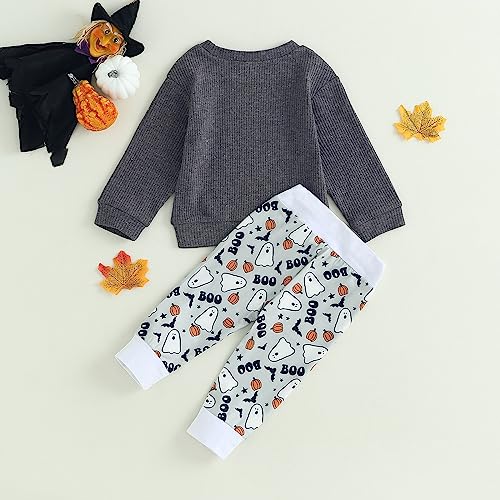 Newborn Baby Boy Girl Halloween Outfit Long Sleeve Waffle Knit Sweatshirt Top Pumpkin Ghost Print Pants 2Pcs Set3