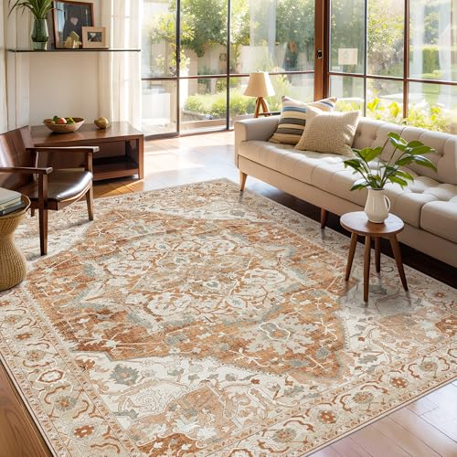 Deerly Vintage Area Rug 5x7 Boho Washable Large Living Room Bedroom Rugs Non Slip Low Pile 5x7 Rug for Kitchen Entryway Bedroom Dining Room Office, Caramel/Beige/Multi