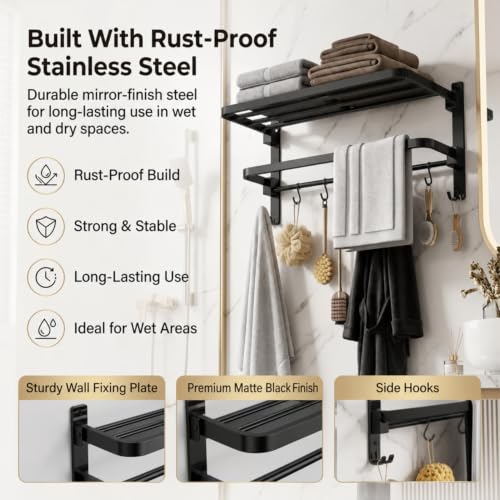 Image of Well Set Stainless Steel Foldable Towel Rack for Bathroom | Wall Mounted Towel Holder with Shelf | Durable Rust-Free Space Saving Bathroom Accessory