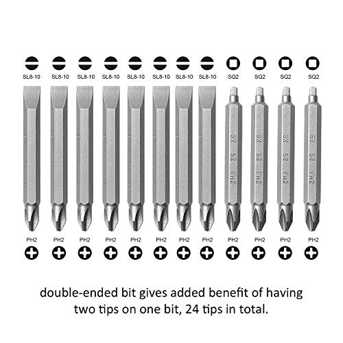Protorq Double Ended Drive Bits, Phillips 2 and Slotted 8, Phillips 2 and Square 2, 12 pieces with Storage Case