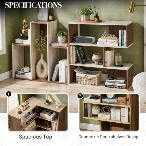 Image of ABOUT SPACE Book Shelf for Home Library-Rectangle /L-Shaped Rack for Storage 2 Ways 6 Compartment Book Stand Shelf for Bedroom, Livingroom Decor, Plants and Books (Oak White&Walnut-L128 x B30 x H85 cm)