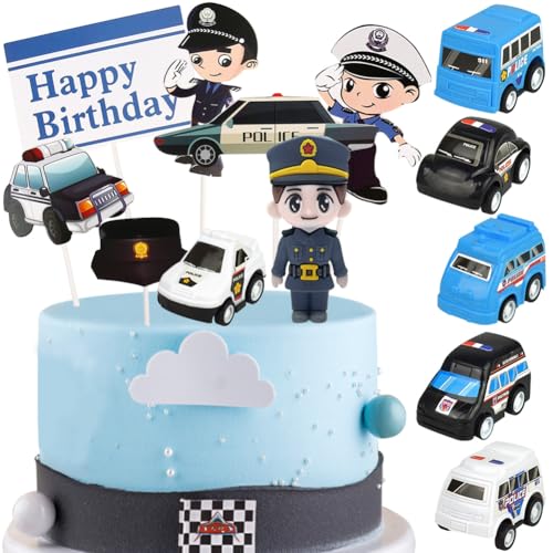 HGSHUO Car Cake Topper, 13PCS Police Themed Birthday Cake Decoration, Children's Birthday, Anniversary Party Decorations, Plastic & Paper Cake Toppers