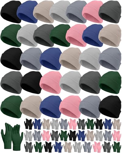 Image of JaGely 64 Pcs Kids Hats and Gloves Bulk Winter Beanies Hat Gloves for Toddler Boys Girls School Donation Wholesale