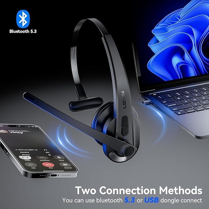 LEVN Wireless Headset with Mic for Work, Bluetooth Headset with Microphone-AI Noise Cancelling, Single-Ear Wireless Headphones with Mic & USB Dongle for PC/Computer/Call Center/Laptop/Teams/Zoom/Home - Image 4