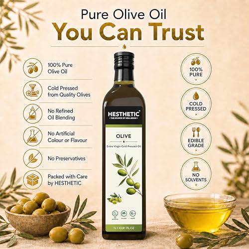 Image of HESTHETIC Premium Extra Virgin Olive Oil 1L | Cold-Pressed Mediterranean-Sourced EVOO | Unrefined, Low-Acidity | Glass Bottle | Cooking, Salad & Finishing Oil