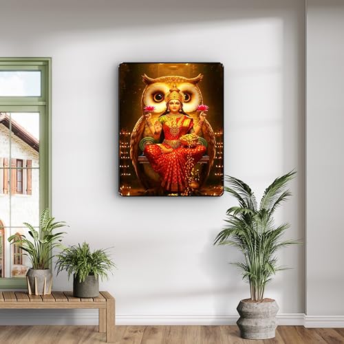 Image of SAF Goddess Lakshmi with Owl Wall Painting Black Framed Sparkle Lamination Vastu Positive Energy Wealth Art for Home Temple Office Living Room Entrance Wall Decor (14 Inch x 11 Inch) K-36109