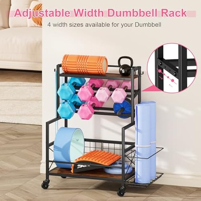 Snughome Dumbbell Rack, Adjustable Weight Rack for Dumbbells, Home Gym Storage Rack for Dumbbell, Kettlebells, Foam Roller and Yoga Mat, All in One Workout Equipment Storage with Wheels and Hooks