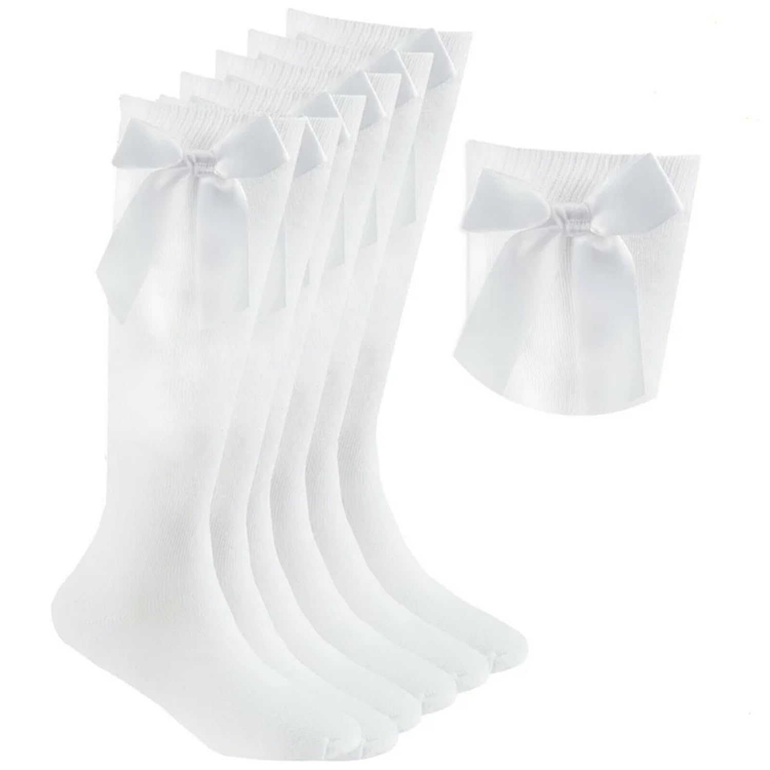Hifen Girls White Hifen® 3 Pairs Knee High Socks With Fluffy Ribbons Bow, Back To School Uniform Party Wear Long Socks