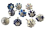 Set of 10 Blue and White Hand Painted Ceramic Pumpkin Knobs Cabinet Drawer Handles Pulls