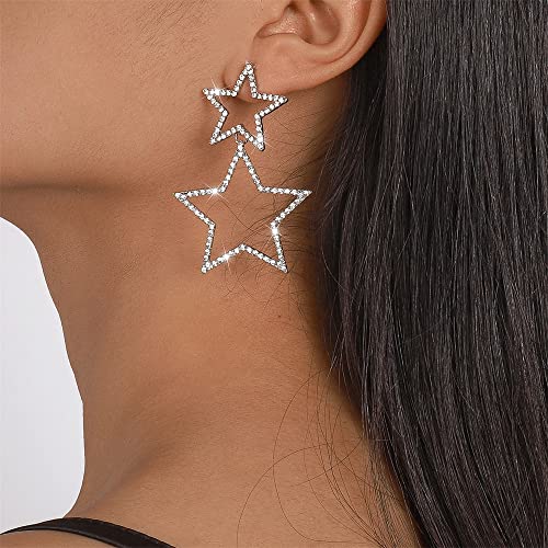 Rhinestone Big Star Dangle Earrings for Women Girls Hypoallergenic Crystal Long Tassel Stars Charms Drop Dangling Stud Fashion Lightweight Festival Christmas Birthday Party Jewelry Dainty Gifts for Friends Fans2
