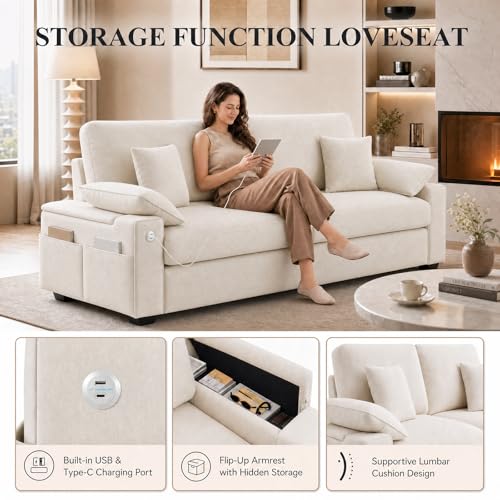 Image of Oversized Sofa with Armrest Storage, USB & Type-C Fast Charging, Removable Washable Cover, Solid Wood Legs, Modern Furniture for Living Room Apartment Office, Beige