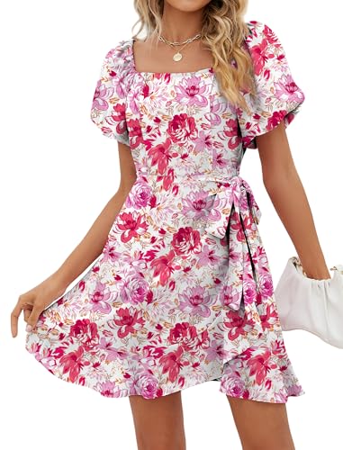 Image of Sampeel Womens Summer Dresses Square Neck Puff Sleeve Tie Waist Short Dress