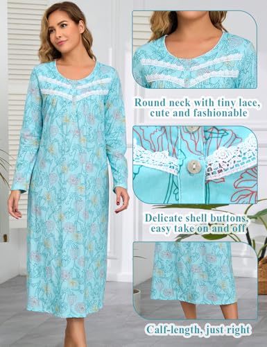 Image of IZZY + TOBY Nightgowns for Women Long Sleeve Soft Cotton Long Warm Nightdress Kintted Night Gown