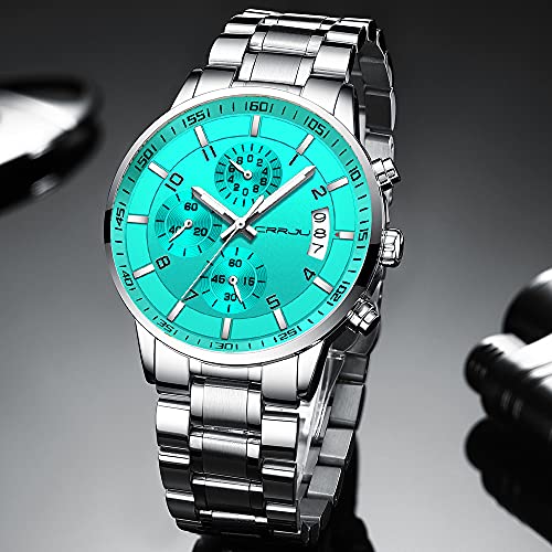 Image of CRRJU Men's Multifunctional Chronograph Wristwatches,Stainsteel Steel Band Fashion Quartzuartz Waterproof Watch