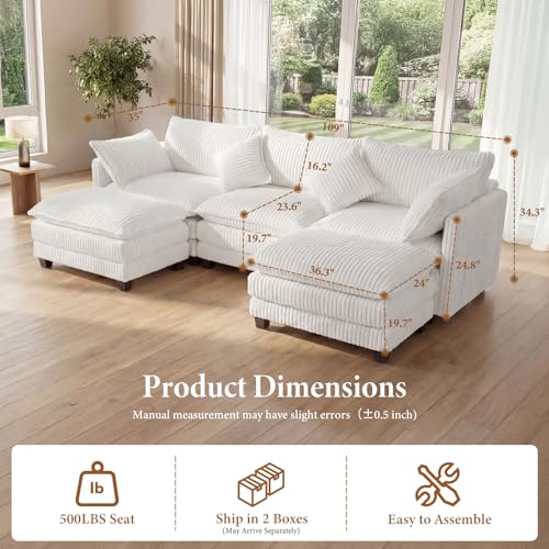 Image of Vesgantti 109 inch U Shaped Cloud Sectional Sofa, Comfy Corduroy Upholstered Sectional Modular Sofas for Living Room, Modern Modular Couch with 2 Ottoman Deep Seat, Warm White