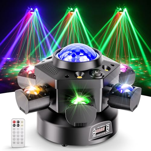 DJ Light Moving Head 120W 6 Arms Beam Rotating Stage Lights with Kaleidoscope/White Amber Strobe/Starry Sky Lighting Effect Support Remote&DMX-512 & Sound Activated 24CH