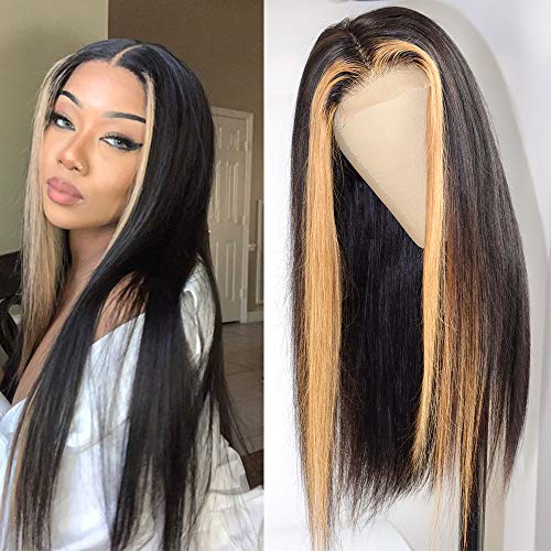 Brazilian Virgin Straight Highlight Lace Front Human Hair Wigs 12A Grade 180% Density Brazilian Ombre Color 4x4 Lace Front Wig Remy Hair Lace Front Wig(16Inch, 4X4 highlight wig)