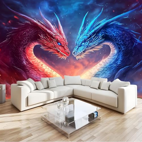 Fotomurales Juego Dragon Sky Fantasy Style Papel pintado 300 x 210 cm tejido no tejido, Arte Papel tapiz mural Azul Anaranjado Moderna Decoración De Pared Sala Oficina Salón