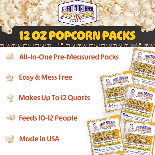 Image of 12oz Popcorn Machine Popcorn Packets - All-in-One Movie Theater Style Popcorn Kernels, Salt, and Oil Packs by Great Northern Popcorn (12 Pack)