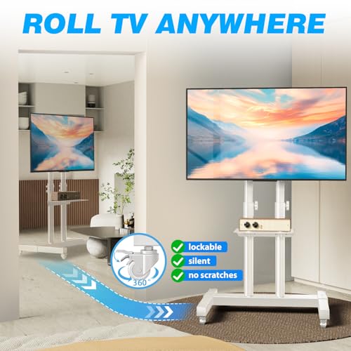 Image of Rfiver Mobile TV Cart Rolling TV Stand for 32-83 Inch Screen Flat /Curved TVs up to 110lbs, Tilt and Height Adjustment Portable TV Stands on Wheel with Laptop Shelf, Outdoor TV Stand MAX VESA 600x400mm