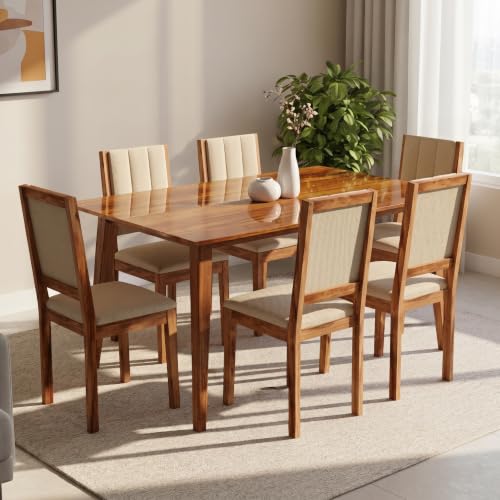 Image of Sheesham Wood Dining Table 6 Seater | Wooden Six Seater Dinning Table with Beige Cushion Chairs | Dinner Table 6 Seater | Dining Room Sets | Natural Finish