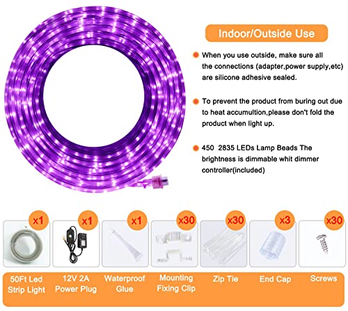Surnie 50Ft Purple Rope Lights,450 Leds Dimmable 12V Blacklight Strip, Cuttable For Deck Patio Camping Bedroom Holiday Party,Shine Decor For Indoor Outside Use #TOP4