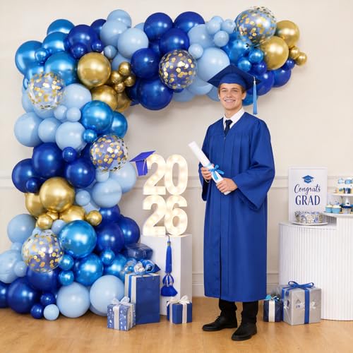 Image of Graduation Balloon Arch Kit Blue and Gold Balloon Garland Royal Pastel Light Blue Metallic Gold Confetti Balloons for Grad Class of 2026 Boss Retirement Prom Birthday Baby Shower Party Decorations