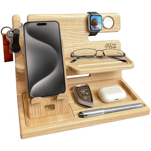Wood Wedge Handgefertigte Holz Dockingstation – 2-in-1 Nachttisch & Schreibtisch Organizer mit abnehmbarem Handyhalter, Geschenk für Männer & Frauen, Valentinstag & Geburtstagsgeschenk für Papa, Mama