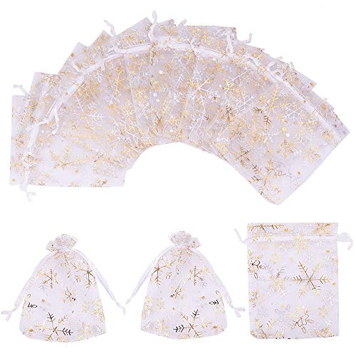 Kitchen-dream 100 piezas de bolsos dorados con copos de nieve dorados, bolsos de organza, bolsos de organza con oro, bolsos de joyería, bolsos con cordón de organza, favores de boda, bolsas de dulces