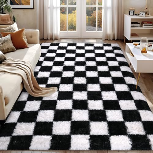 FALARK Rugs for Bedroom Living Room, 4x6 ft Black and White Checkered Area Rug, Fluffy Soft Washable Carpet, Modern Non-Slip Shag Carpets for Boys Girls Nursery Home Aesthetic Decor