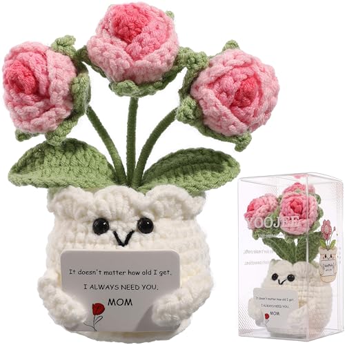 YOOJEE Crochet Rose Gift for Mom Mothers Day Gifts from Daughter Son Handmade Pink Rose Flower with Card I Always Need You Mom Cute Desk Decor Ready-to-Gift with Clear Box
