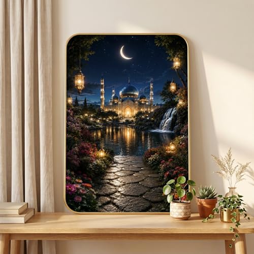 Image of SAF Islamic Mosque Night Garden Wall Painting with Premium PVC Golden Frame, Crescent Moon Waterfall Lantern Art, Muslim Home Decor for Prayer Room Living Room (13x19 Inch) MG-36046