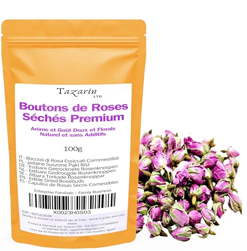 100g Boccioli di Rose Commestibili Premium - Infuso di tè ai Petali di Rose dell'Atlante Essiccati - Aroma e Gusto Dolce e Floreale - 100% Naturale, Puro e Senza Additivi | TazarinLtd