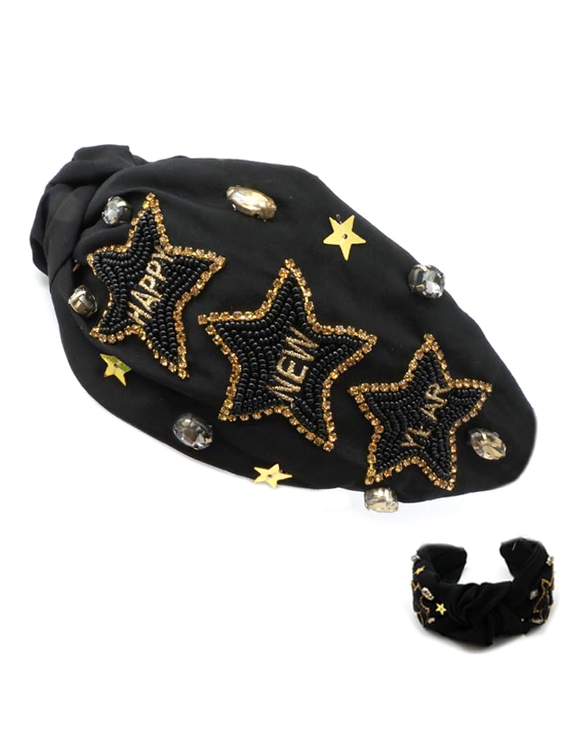 Cross Knotted Bead and Embelishment New Year's Eve Headband for New Year's Party and Gift. (New Year Star-Bk)