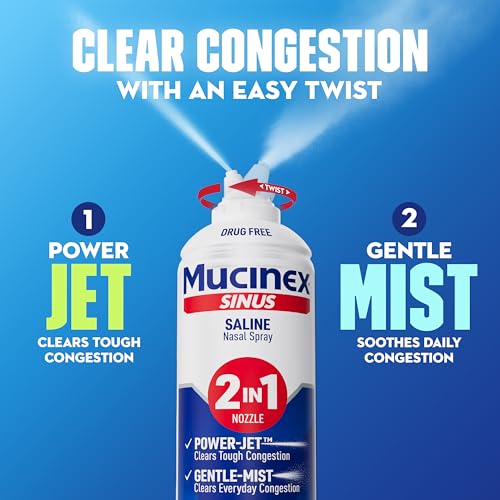 Mucinex Sinus Saline Nasal Spray & Sinus Rinse, Drug-Free, Additive Free, Non-Drowsy Nasal Irrigation with 2-in-1 Jet + Mist Spray Nozzle for Cold & Allergy Season, 4.5oz - image 3