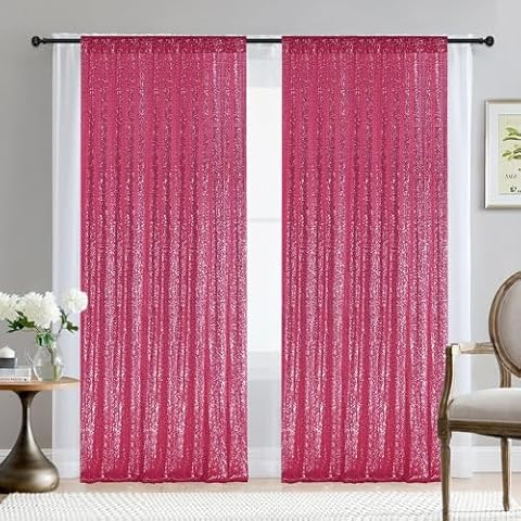 2×8FT-2PCS Hot Pink Sequin Backdrop Curtains Panels, Fuchsia Photography Backdrop Glitter Curtains Fabric Background for Christmas Wedding Party Decor Cover