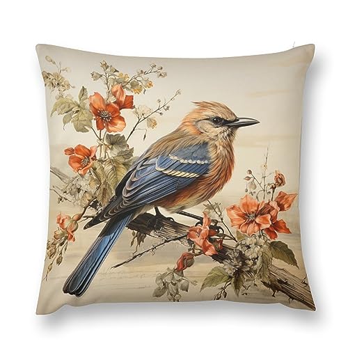HighonHi Patio Furniture Pillows Retro Vintage Bird French Country Tuscan Style Pillow Cushion Case Retro French Bird Floral Square Couch Sofa Cushion Covers for Living Room Farmhouse 16x16 Inch