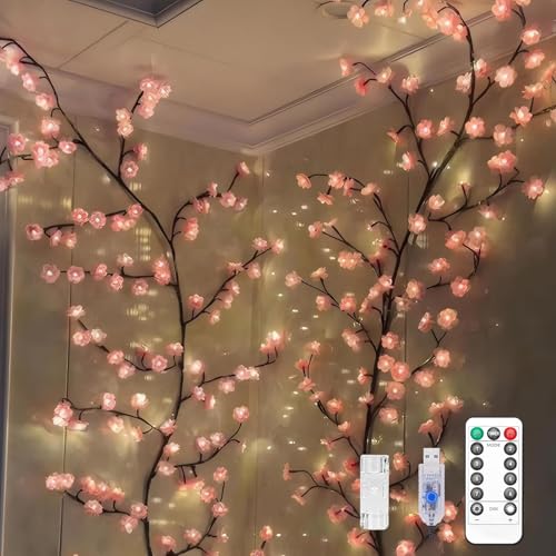 Cherry Blossom Tree Branch Lights for Wall,Cherry Enchanted Willow Vine Lights,with 144 LED and 8 Lighting Modes,Remote Timer,for Bedroom Wall Doors Windows Wedding Christmas Holiday (90inch)