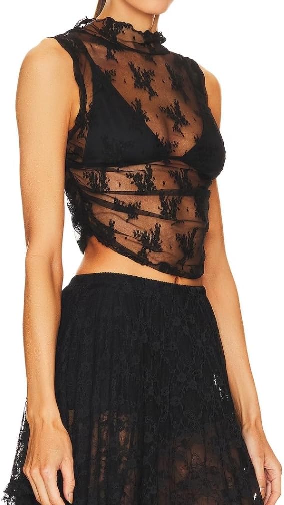 LOFAAC Women Floral Lace Sheer Mesh Crop Tank Top Mock Neck Sleeveless See Through Ruched Side Layering Crop Top Party - Image 6